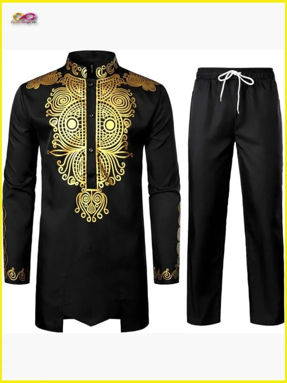 Men's African Dashiki Suit Slim Fit Polyester Traditional Gold Foil Print